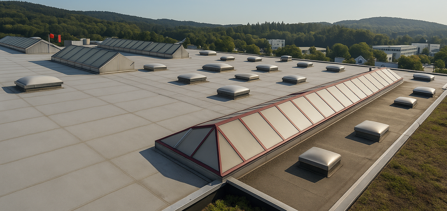 Flachdach einer Industriehalle – Beispiel für gewerbliche Dachbewertung Luftaufnahme eines Industriegebäudes mit Flachdach, Lichtkuppeln und technischen Aufbauten – ideal für Dachgutachten, PV-Planung oder Sanier
