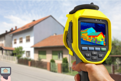 Handgerät mit Wärmebildkamera zeigt thermografische Analyse eines Wohnhauses