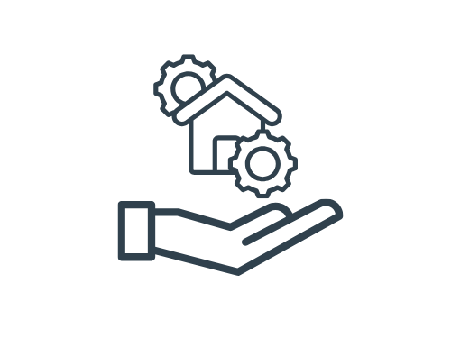 Ein Hand-Symbol mit einem Haus und Zahnrädern darüber, das Hausverwaltungen und Eigentümergemeinschaften darstellt.